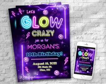 Neon Glow Birthday Invitation, 'Let's Glow Crazy' Theme (Digital Download)