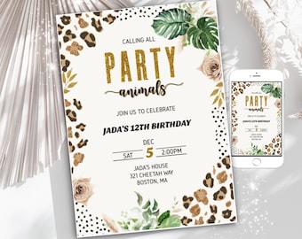 Invito di compleanno con stampa leopardata, festa con animali da safari (digitale)