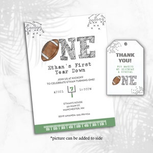 Football First Birthday Invitation, Boys First down birthday invite, Boys sports birthday template, First year down, football thank you tags