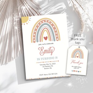 ANY AGE Boho Rainbow Birthday Invitation, Boho Rainbow Birthday Invite, Rainbow Birthday Template, Rainbow Birthday Thank You Tags, Hippie