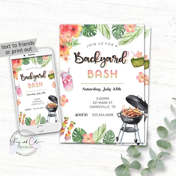 Digital backyard bash invitation, tropical backyard party invite, backyard BBQ bash invitation, backyard birthday bash invite, digital