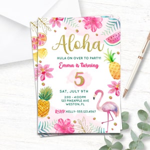 Tropical birthday printable invitation Aloha girls party template Luau birthday party Hawaiian birthday invitation for girls digital invite
