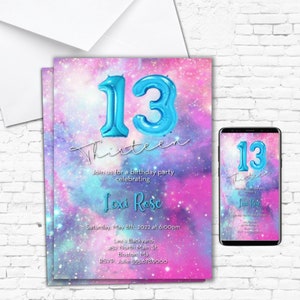 Sparkly galaxy birthday invitation, colorful sparkly birthday invite, sparkly tie dye birthday invite, girly any age invite, foil balloons