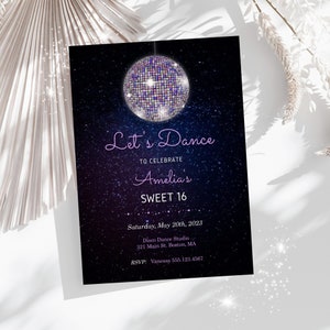 Inbjudan till discokula-födelsedag, lila dansfest (digital inbjudan)