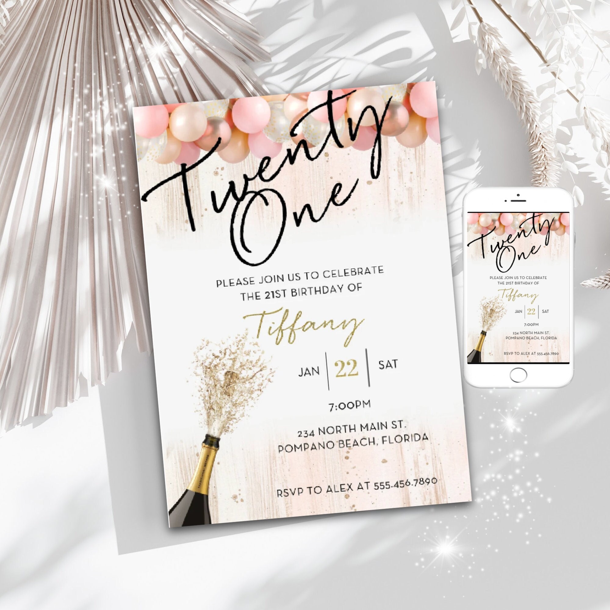 21st Birthday Invitation for Girl Twenty One Invite Girls 21st