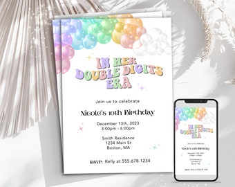 May include: A colorful birthday invitation with a rainbow balloon arch and the text "In Her Double Digits Era". The invitation is for Nicole's 10th birthday and includes the date, time, location, and RSVP information.