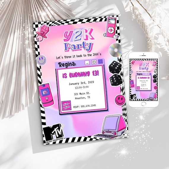 Y2K Birthday Party Invitation, 2000s Birthday Invitation, 00s Party Template Girls Y2K Birthday, Pink 2000s Birthday Invite 2000s aesthetic
