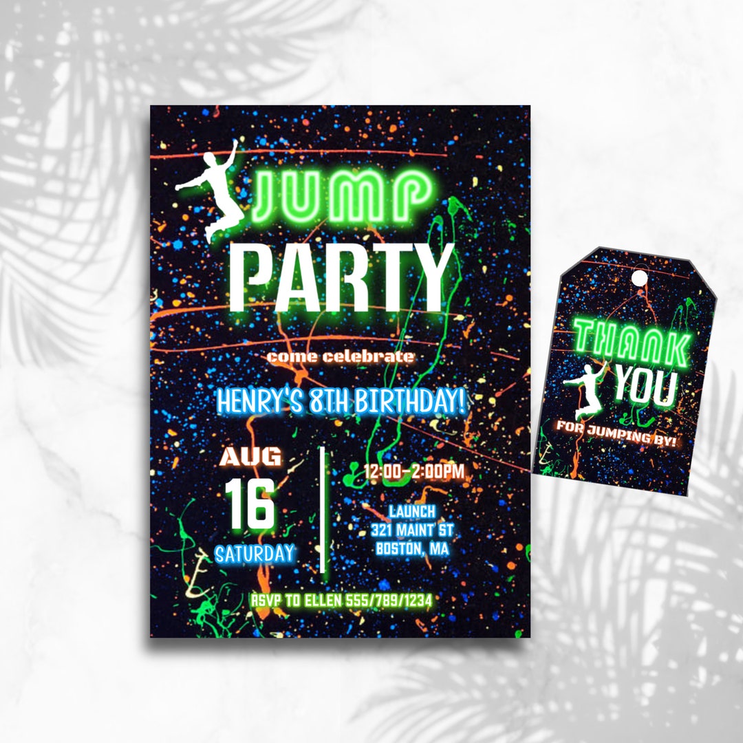 Boys Jump Party Invitation, Neon Jumping Birthday Invite, Trampoline ...
