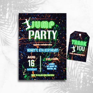 Boys Jump Party Invitation, Neon Jumping Birthday Invite, Trampoline Park Party Template, Glow Jump Party For Boys Printable Invitation