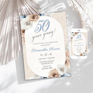 Convites de aniversário de 50 anos, convites de aniversário elegantes, convite de aniversário para qualquer idade, convite de aniversário floral, 50 anos jovem, digital
