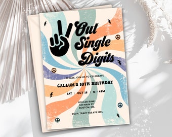 Retro 10th Birthday Invitation, Peace Out Single Digits (Digital)