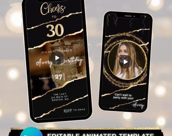 Black and Gold 40th Birthday Video Invitation, Animated Canva Template (Digital Download)