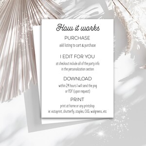 May include: White card with black text explaining how to purchase, edit, download, and print a digital design. The text reads "How it works", "Purchase", "I Edit for You", "Download", and "Print".