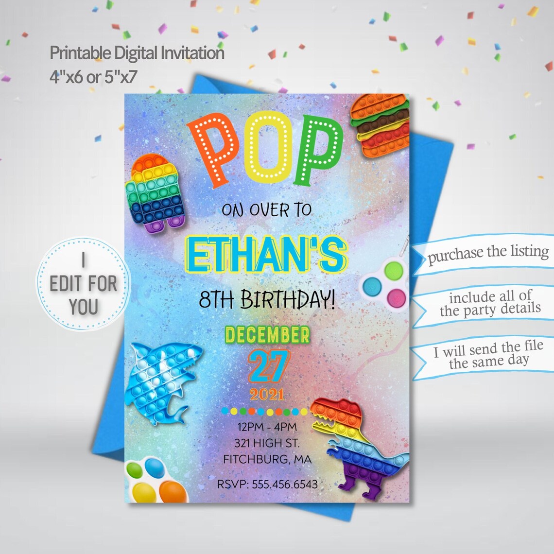 Pop it birthday invitation pop it party boy or girl digital image 0