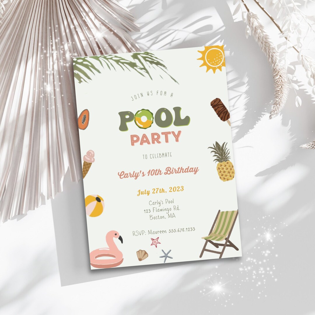 Tropical Pool Party Invitation, Pool Party Invite Girls, Hawaiian ...