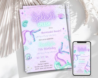 Mermaid Birthday Invitation Template, Pink Purple Under the Sea (Digital Download)