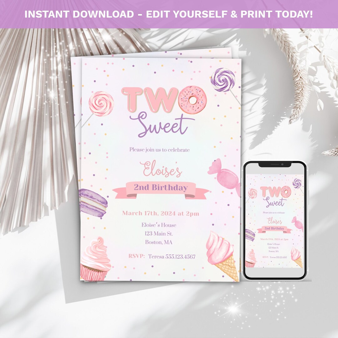 Two Sweet Birthday Invitation, Girls 2nd Birthday Invite, Donut