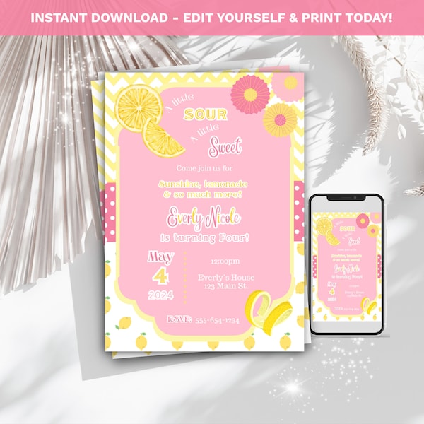 Editable Lemonade Birthday Invitation Pink Lemon Birthday Invite Sunshine Party Summer Printable Template Girls Pink and Yellow Party