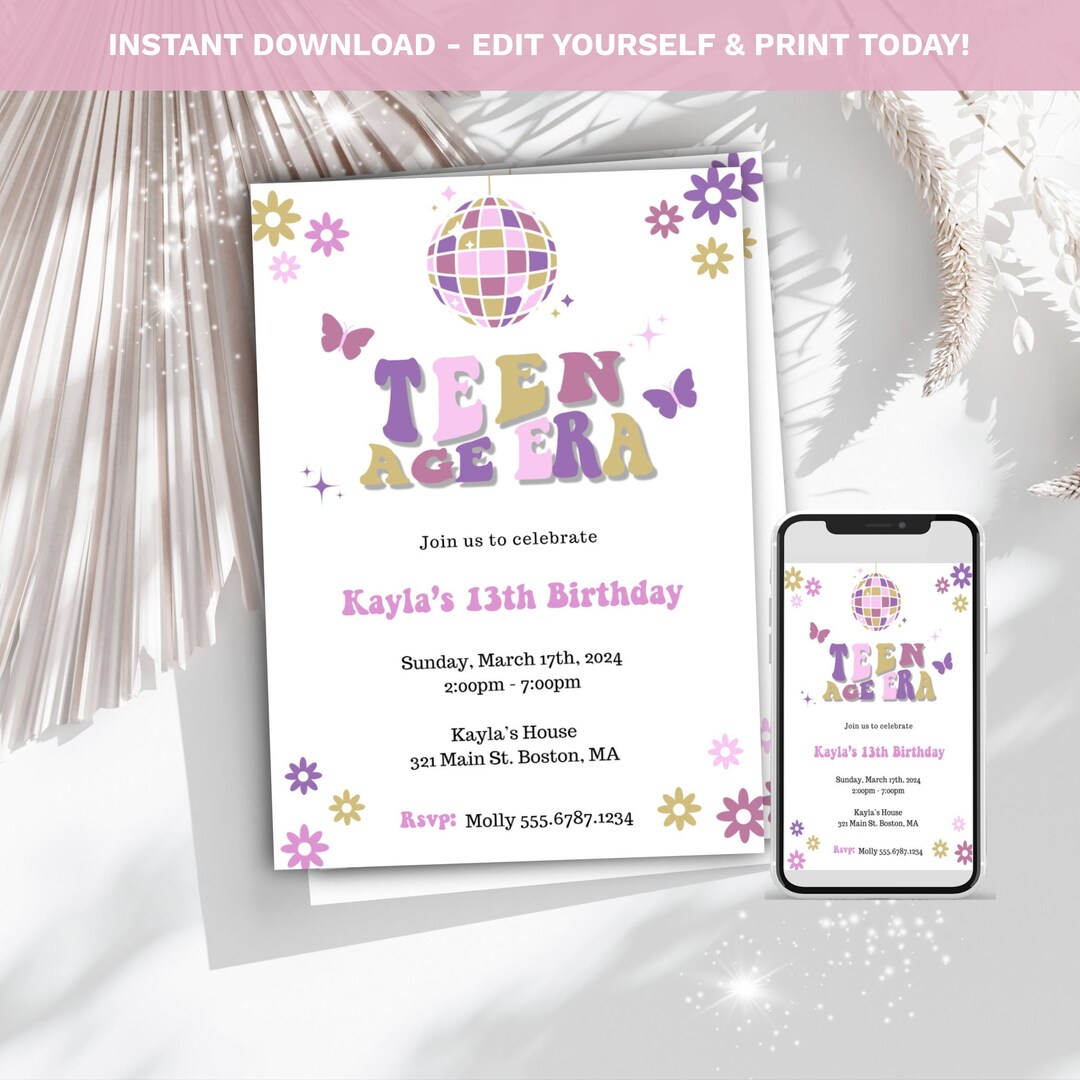 13th Birthday Invitation Template Girl, Teenage Era Birthday Invitation ...