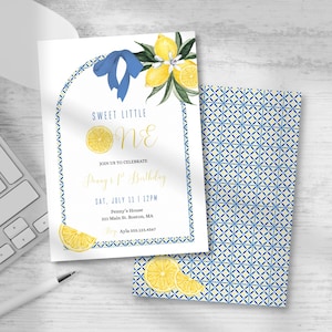 Sweet One Lemon Birthday Invitation, Blue Tiles Lemon First Birthday, Summer Themed Party Invite, Mediterranean Editable Template Canva