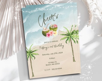 May include: A tropical-themed birthday invitation with a watercolor background of blue ocean waves and a sandy beach. The invitation says "Cheers" and "Join us to celebrate Tiffany's 21st Birthday". The invitation also includes the date, time, address, and RSVP information.