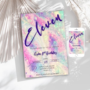 Sparkly rainbow birthday invitation, colorful sparkly eleventh birthday invite, sparkly tie dye birthday invite, girly any age invite