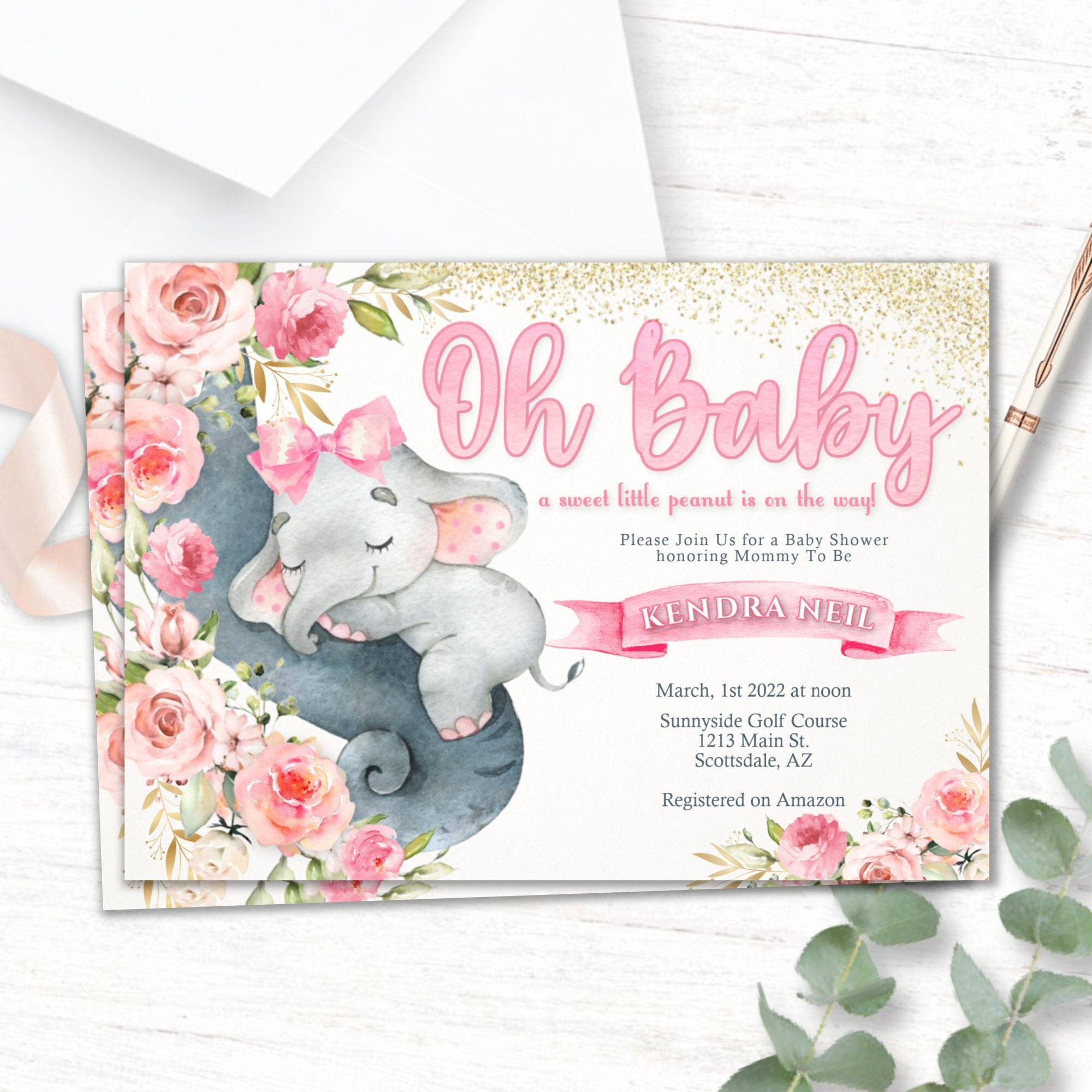 25 Süße Babyparty Einladungen 'It's A Girl!' Mit Elefanten-Motiv – Rosa Erdnuss Design, Blanko & Selbst Gestaltbar