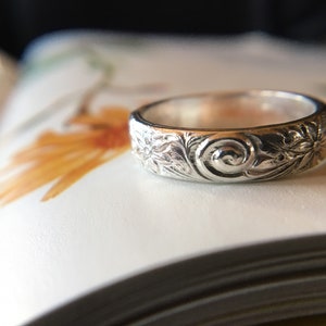 Silver floral ring, sunflower ring, gold filled band, floral wedding band, engraved flower ring, gold flower ring, wide band wedding ring