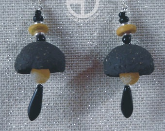 Jewel. Ceramic earrings. Black sandstone. Silver 925. Unique original creation. Made in France