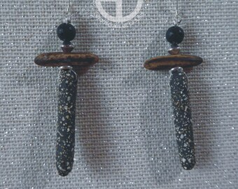 Jewel. Ceramic earrings. Black sandstone. Silver 925. Unique original creation. Made in France