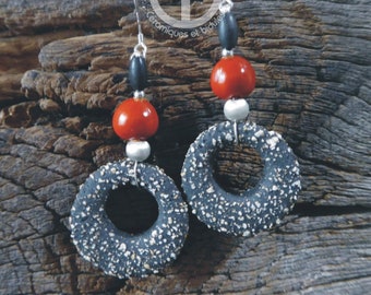 Jewel. Ceramic earrings. Black sandstone. 925 silver. Unique original creation. Made in France