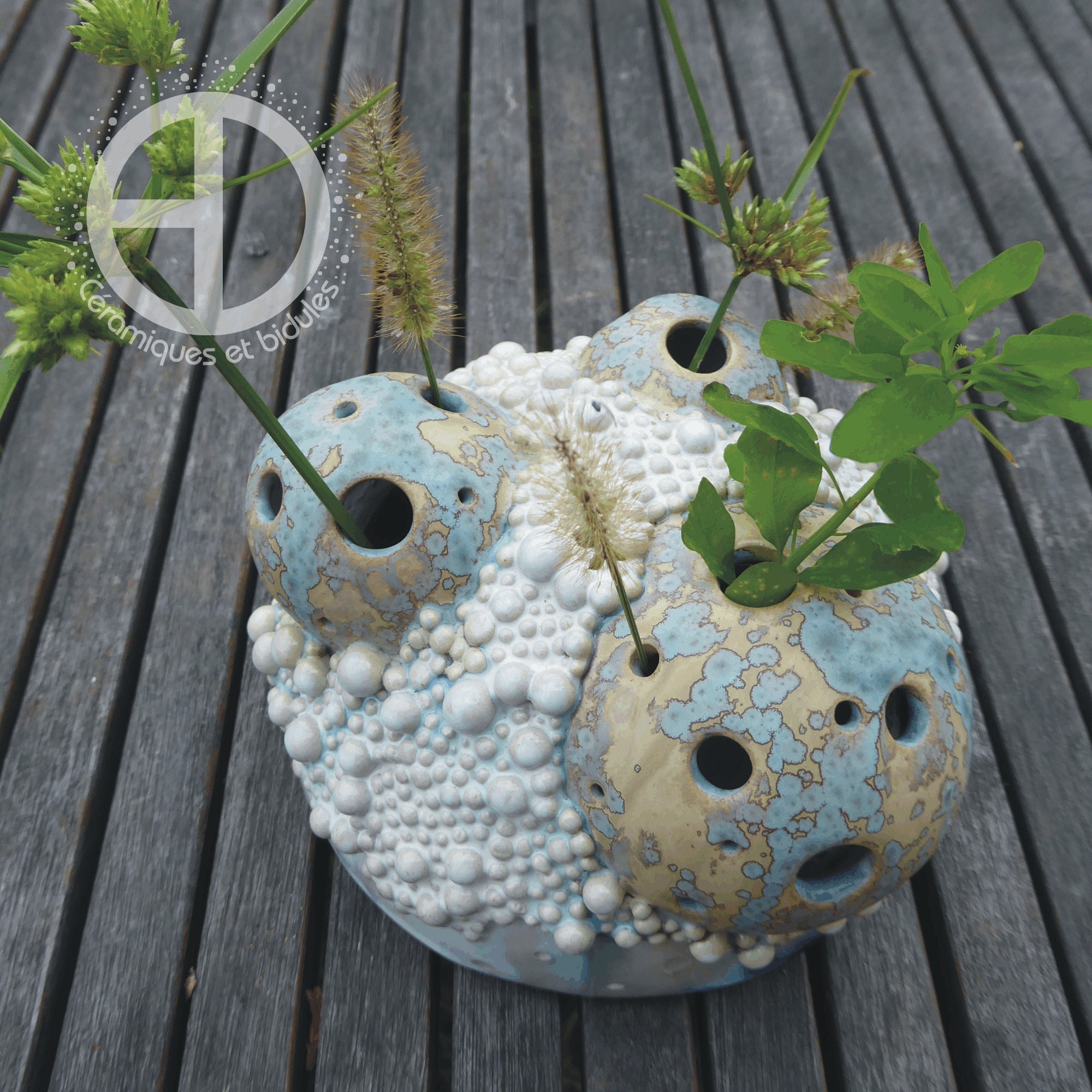 Pique-Fleur/Vase Céramique. Grès Émaillé. Cristallisations. Création Originale Unique. Made in Franc