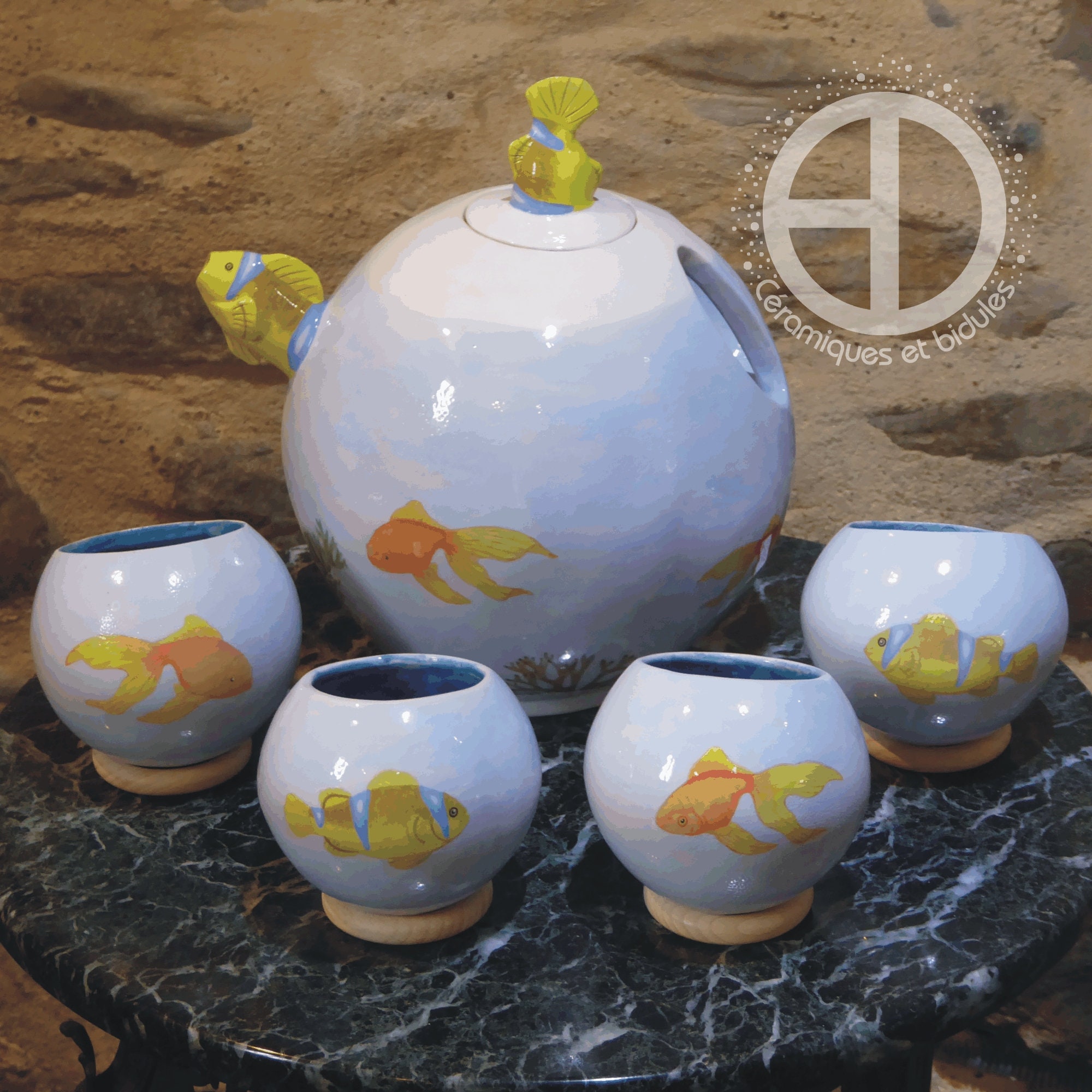 Service à Thé Céramique. Faïence Peinte et Émaillée. Aquarium. Création Originale Unique. Made in Fr