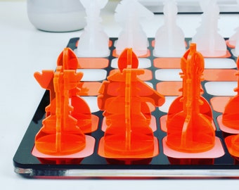 Neon Orange & White Acrylic Chess Set - Christmas Gifts - Coffee Table Decor - Family Boardgames - Chess Board Game Gift - British Design