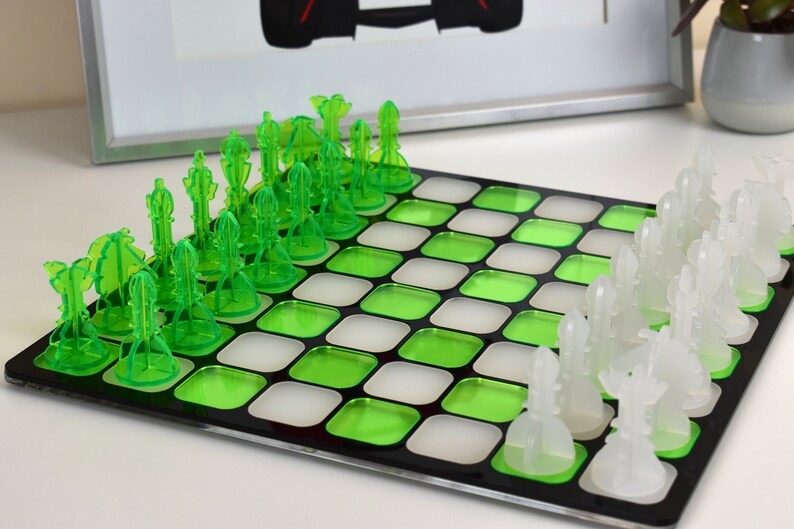 Neon Green/White Acrylic Chess Set Contemporary Home Decor Family Boardgames Gifts for Him Office Decor Modern Decor image 3