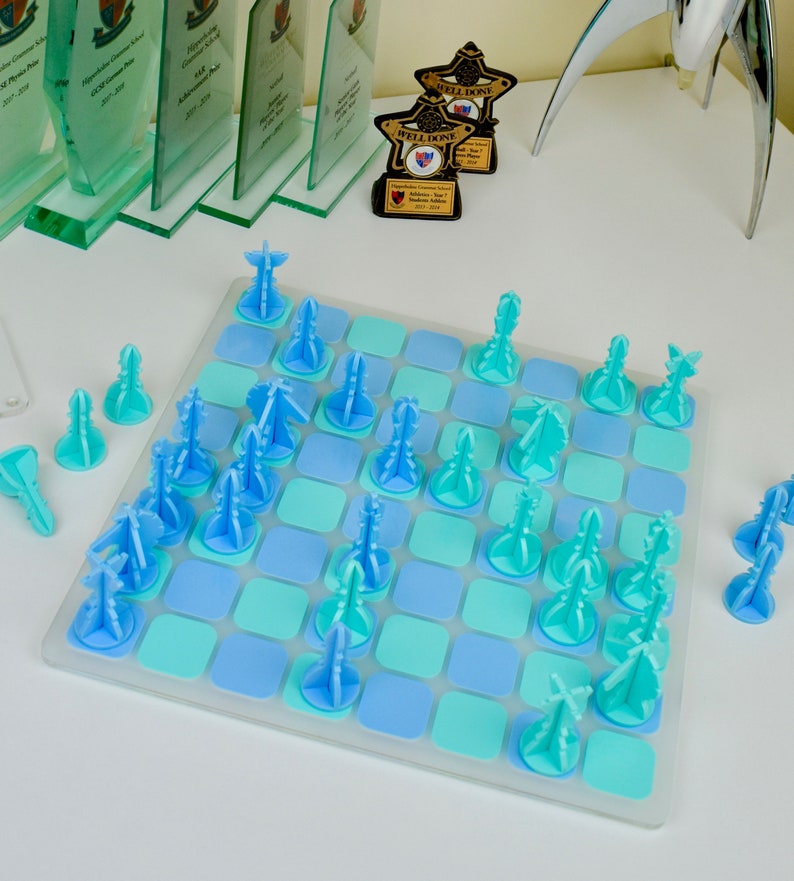 Blue/Green Acrylic Chess Set Unique Chess Handmade Board Games Interior Designer Modern Chess Teenager Chess image 4