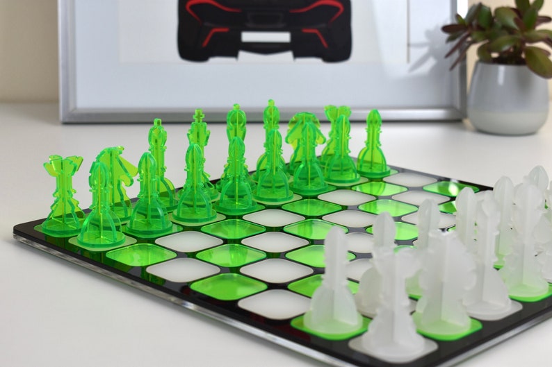 Neon Green/White Acrylic Chess Set Contemporary Home Decor Family Boardgames Gifts for Him Office Decor Modern Decor image 4