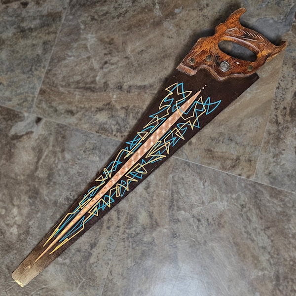 Pinstriped Saw, Hand Painted, Copper Leaf, Vintage Tool, Vintage Saw, Painted tool, gift for wood worker, man cave art, gift for him