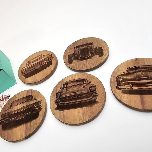 Classic car coasters, set of 5| hot rods| vintage cars| retro | coasters | home goods| Acacia wood