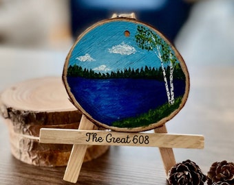 Lake, pine trees, birch trees, painted landscape wood slice Christmas ornament wall hanging