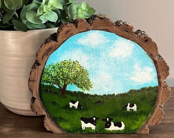 Holstein cows in pasture wood slice painting for shelf or table