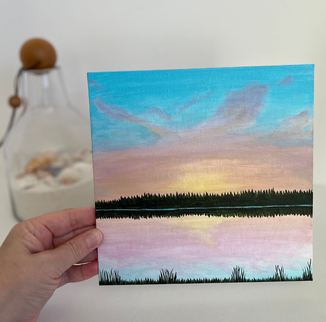 Sunset Lake Acrylic Painting on Canvas Panel 8x8 Inch - Etsy