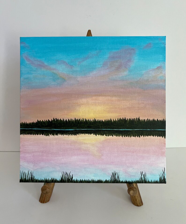 Sunset Lake Acrylic Painting on Canvas Panel 8x8 Inch - Etsy