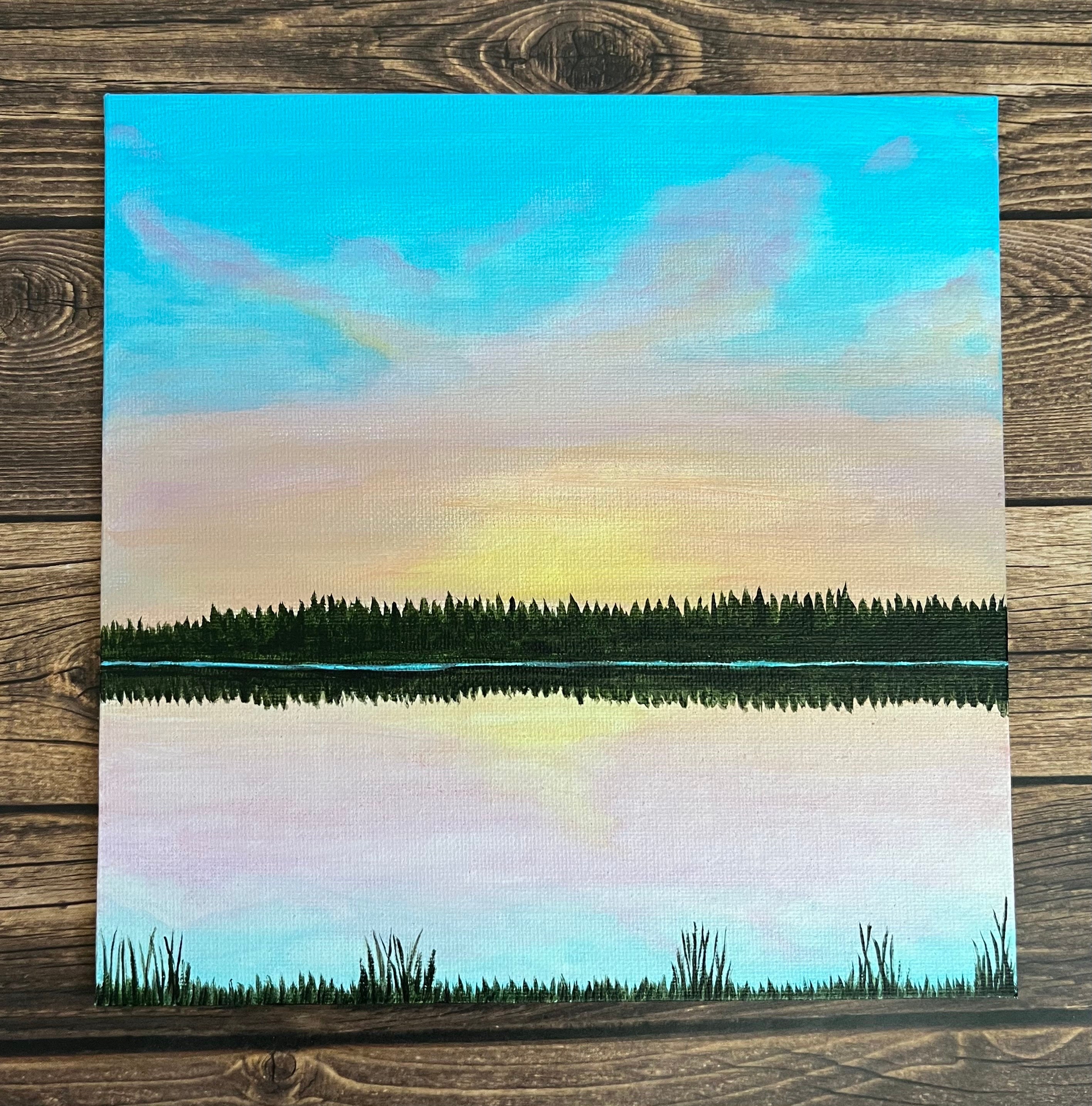 Sunset Lake Acrylic Painting on Canvas Panel 8x8 Inch - Etsy