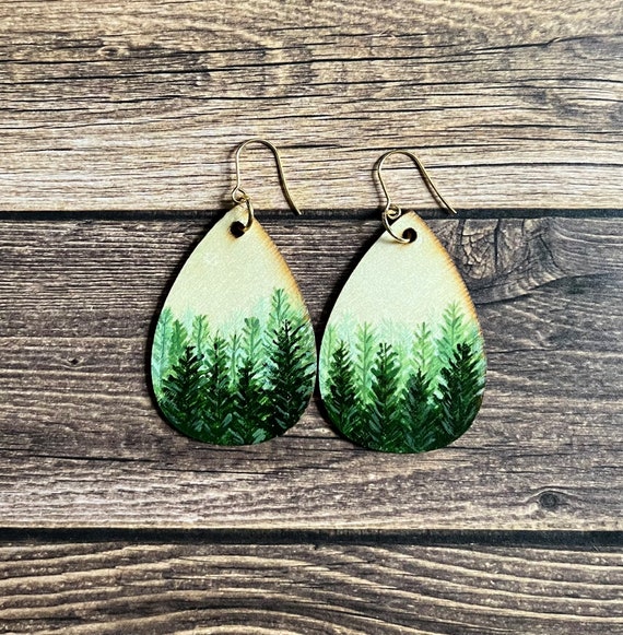 Pine Tree Forest Painted Wood Earrings Gold Plated Hooks Etsy
