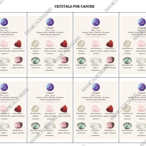 Carte di cristallo del cancro, carte del cancro stampabili, download digitale carte di cristallo, carte dello zodiaco del cancro, cristalli per il cancro, significato del cristallo