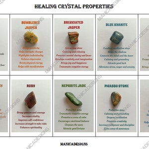 Conjunto 6, Propiedades del cristal curativo, Referencia de piedras preciosas imprimibles, Tarjetas de información del cristal, Tarjetas de propiedades metafísicas del cristal