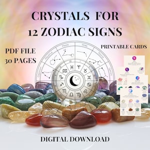 Zodiac Crystal Cards, Printable Astrology Crystal Cards, Horoscope Crystal Cards, Birthstone Information Cards, Zodiac Crystal Information