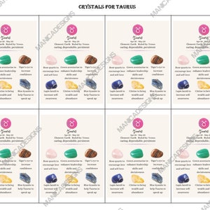 Cartões de cristal Taurus, cristais para Touro, cartões de significado de cristal, cartões de informações de cristal imprimíveis, cartões do zodíaco Taurus