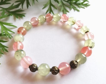 Prehnite and Quartz Bracelet, Fire Cherry Quartz, Heart Chakra, Calming Crystal Bracelet, Pink and Green Gemstone Jewelry